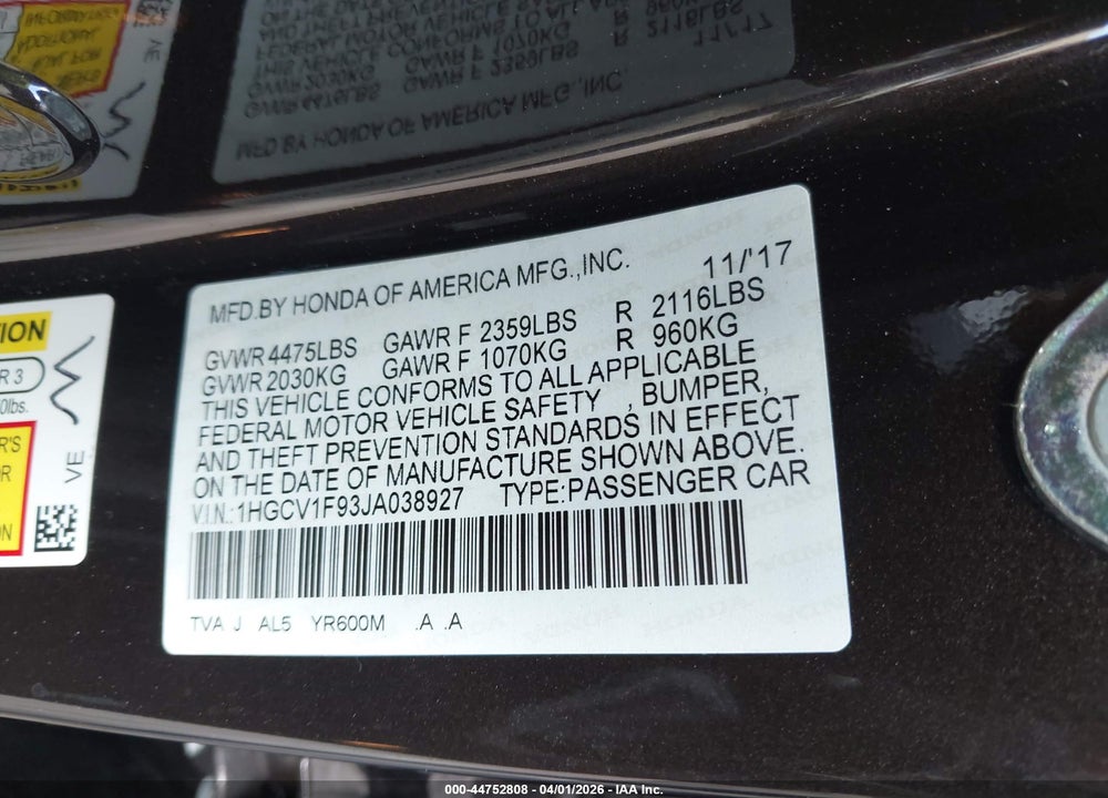 2018 HONDA ACCORD TOURING VIN: 1HGCV1F93JA038927