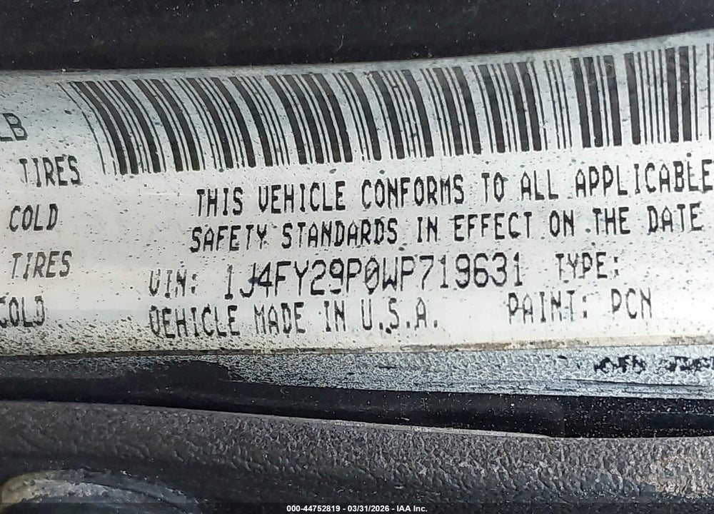 1998 JEEP WRANGLER SE VIN: 1J4FY29P0WP719631