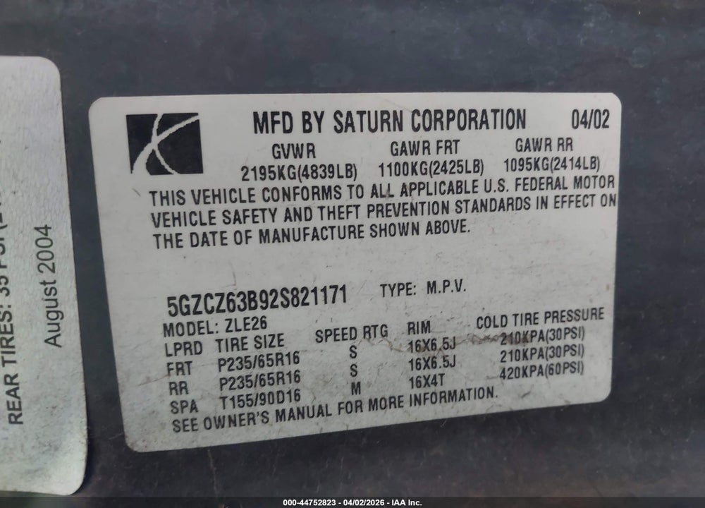 2002 SATURN VUE V6 VIN: 5GZCZ63B92S821171