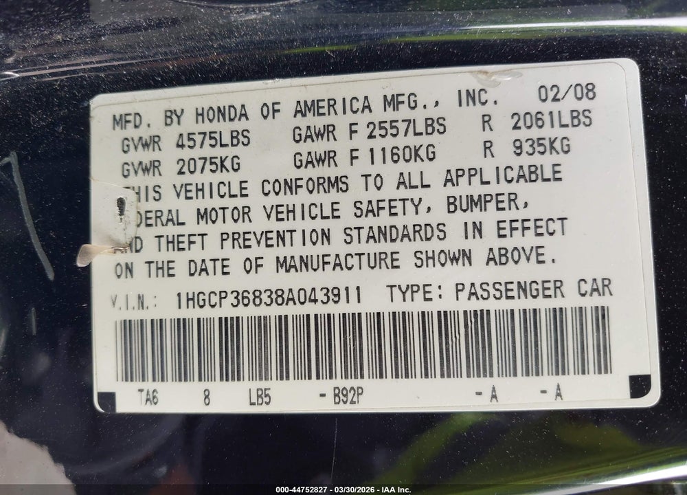 2008 HONDA ACCORD 3.5 EX-L VIN: 1HGCP36838A043911