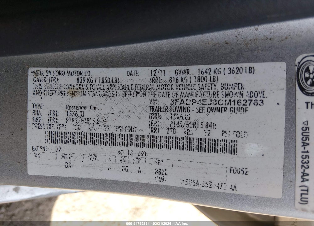 2012 FORD FIESTA SE VIN: 3FADP4EJ8CM162763