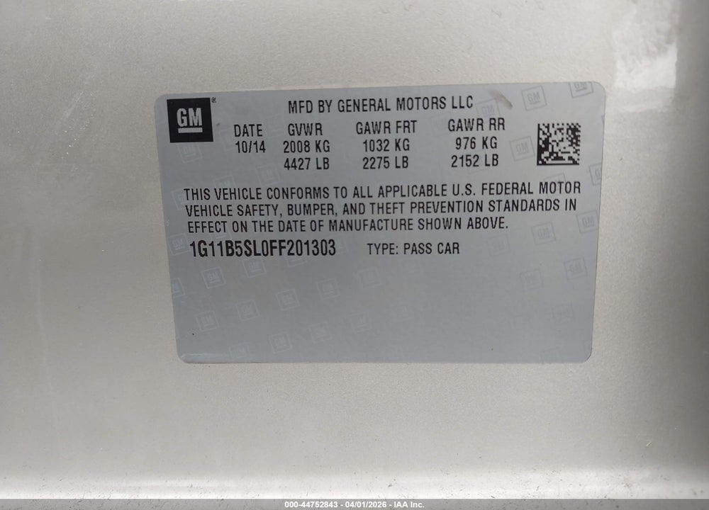 2015 CHEVROLET MALIBU LS VIN: 1G11B5SL0FF201303