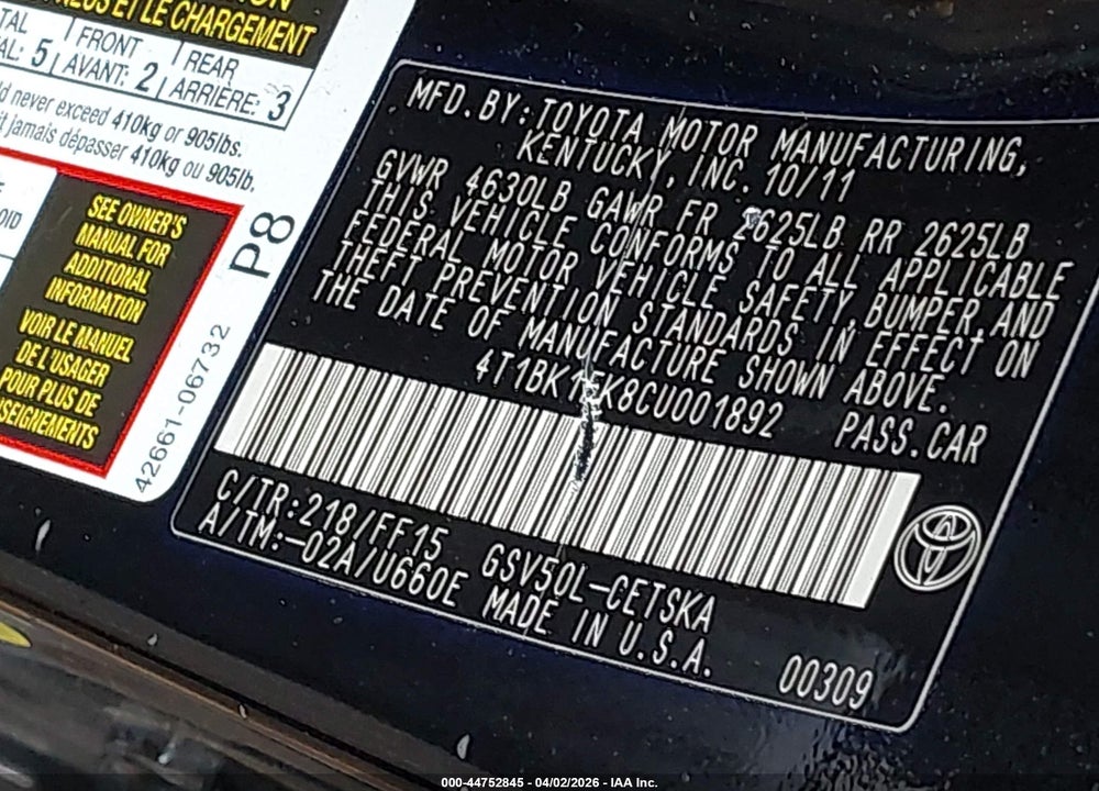 2012 TOYOTA CAMRY SE V6 VIN: 4T1BK1FK8CU001892