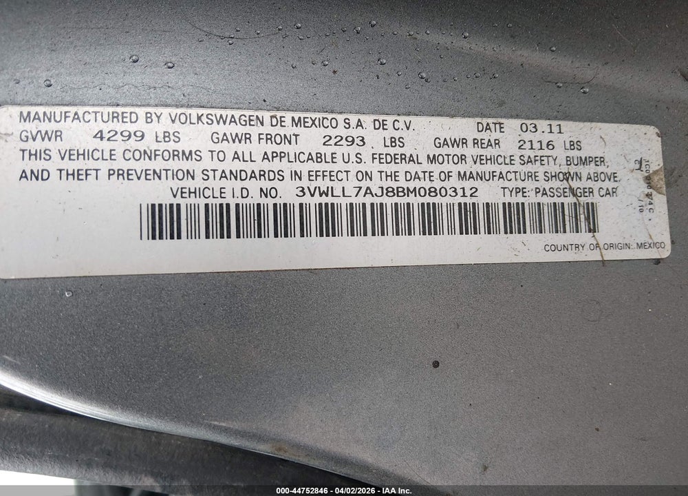 2011 VOLKSWAGEN JETTA 2.0L TDI VIN: 3VWLL7AJ8BM080312
