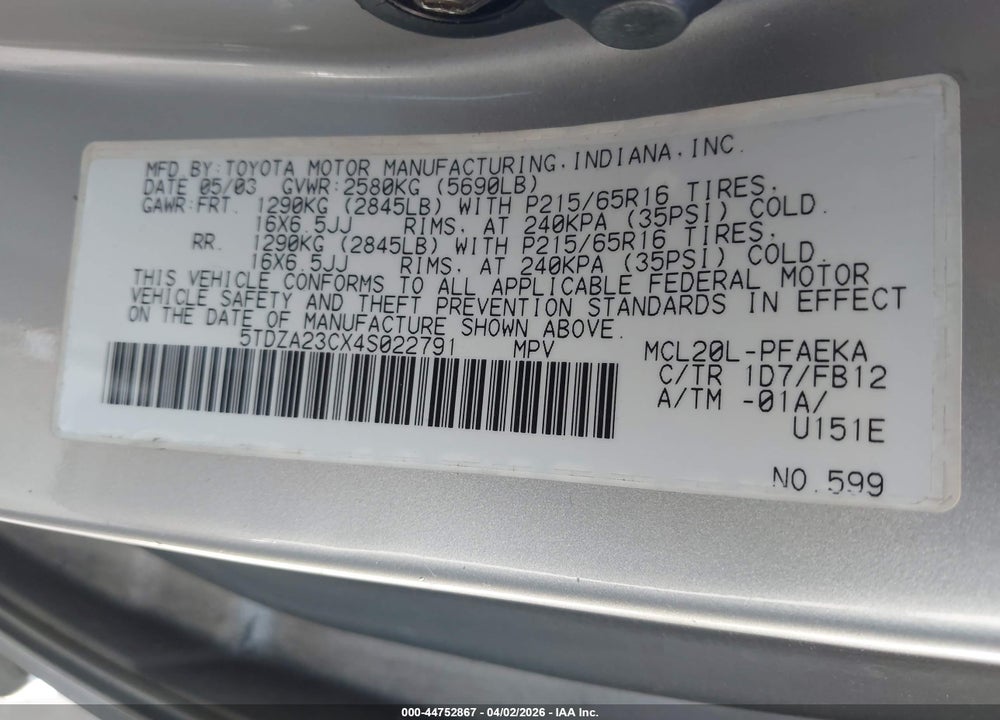 2004 TOYOTA SIENNA LE VIN: 5TDZA23CX4S022791
