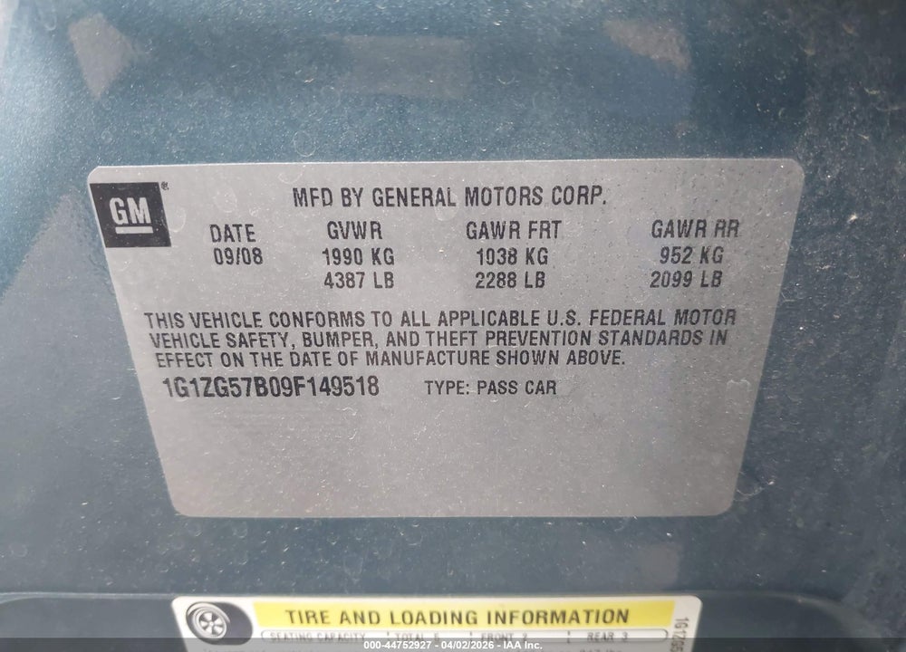 2009 CHEVROLET MALIBU LS VIN: 1G1ZG57B09F149518