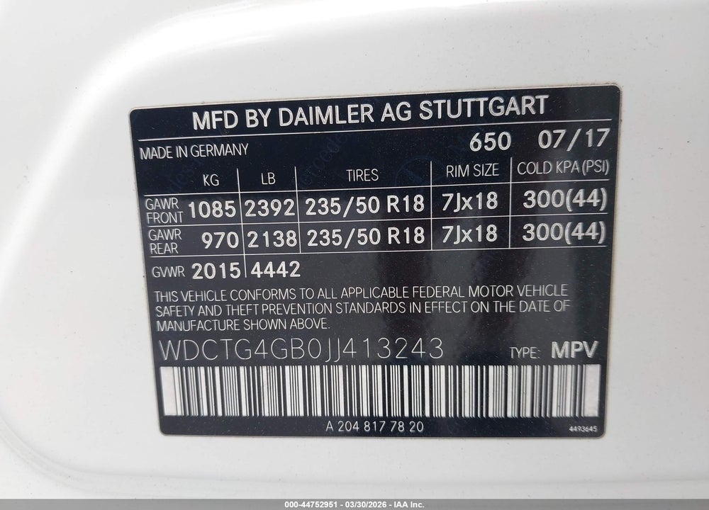 2018 MERCEDES-BENZ GLA 250 4MATIC VIN: WDCTG4GB0JJ413243