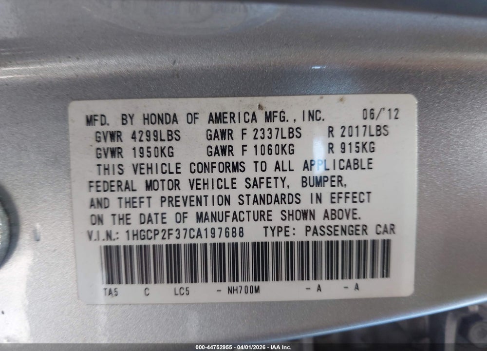 2012 HONDA ACCORD 2.4 LX VIN: 1HGCP2F37CA197688