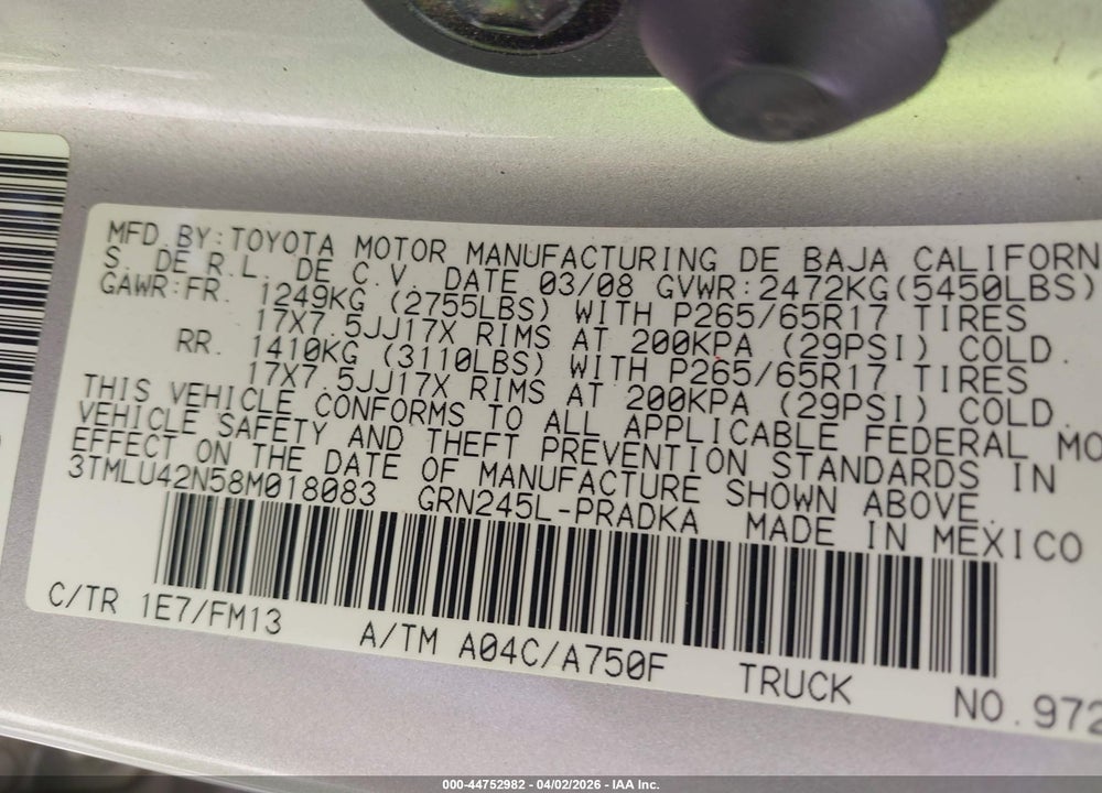 2008 TOYOTA TACOMA BASE V6 VIN: 3TMLU42N58M018083