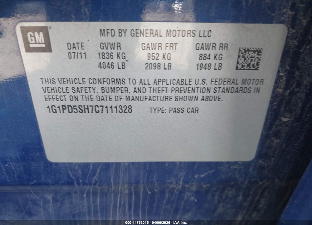 2012 CHEVROLET CRUZE LS VIN: 1G1PD5SH7C7111328