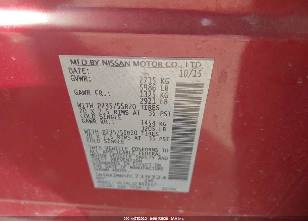 2015 NISSAN PATHFINDER PLATINUM VIN: 5N1AR2MN5FC719324