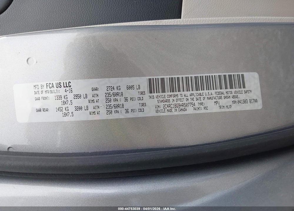 2017 CHRYSLER PACIFICA TOURING-L VIN: 2C4RC1BG9HR507754
