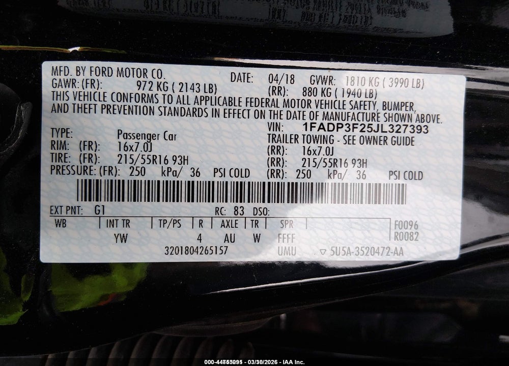 2018 FORD FOCUS SE VIN: 1FADP3F25JL327393