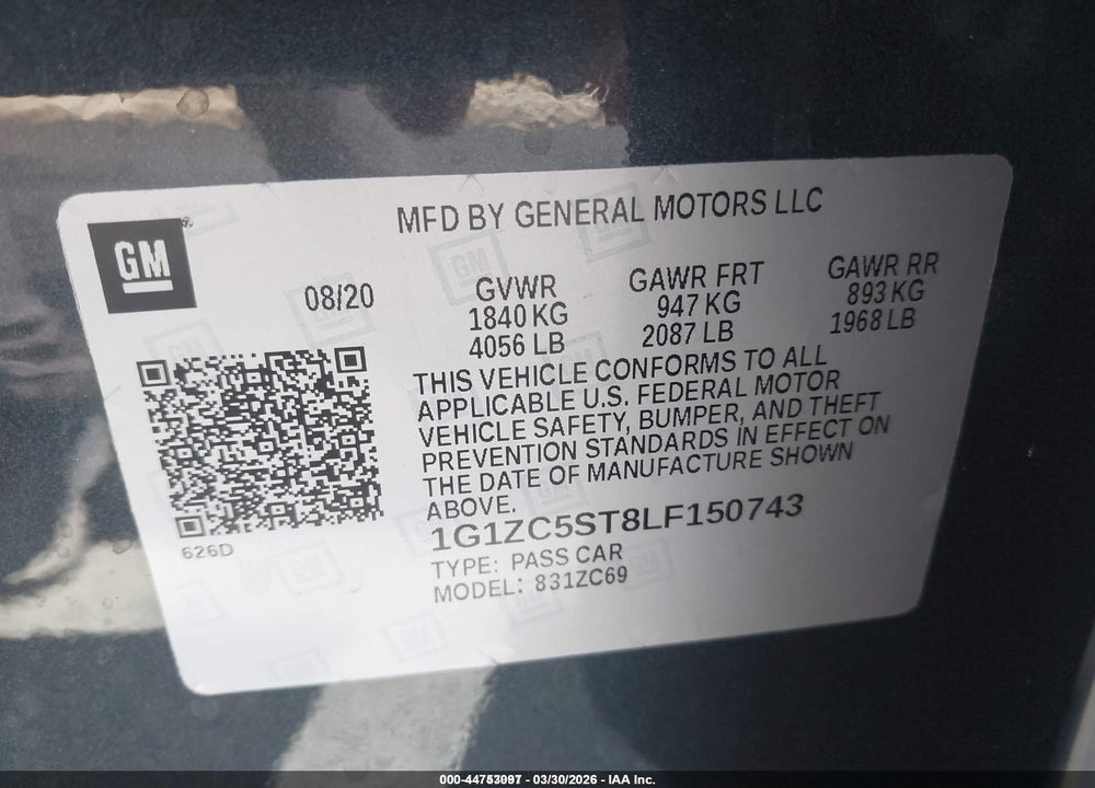 2020 CHEVROLET MALIBU FWD 1FL VIN: 1G1ZC5ST8LF150743