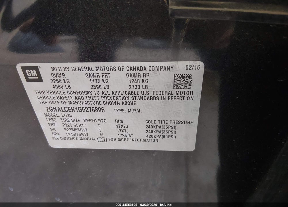 2016 CHEVROLET EQUINOX LT VIN: 2GNALCEK1G6276896