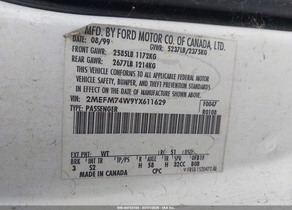 2000 MERCURY GRAND MARQUIS GS VIN: 2MEFM74W9YX611629