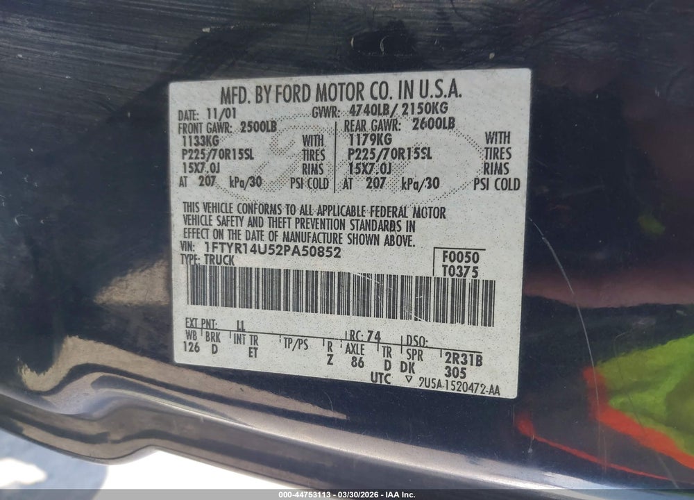 2002 FORD RANGER EDGE/TREMOR/XL/XLT VIN: 1FTYR14U52PA50852