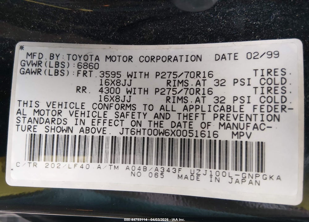 1999 LEXUS LX 470 VIN: JT6HT00W6X0051616