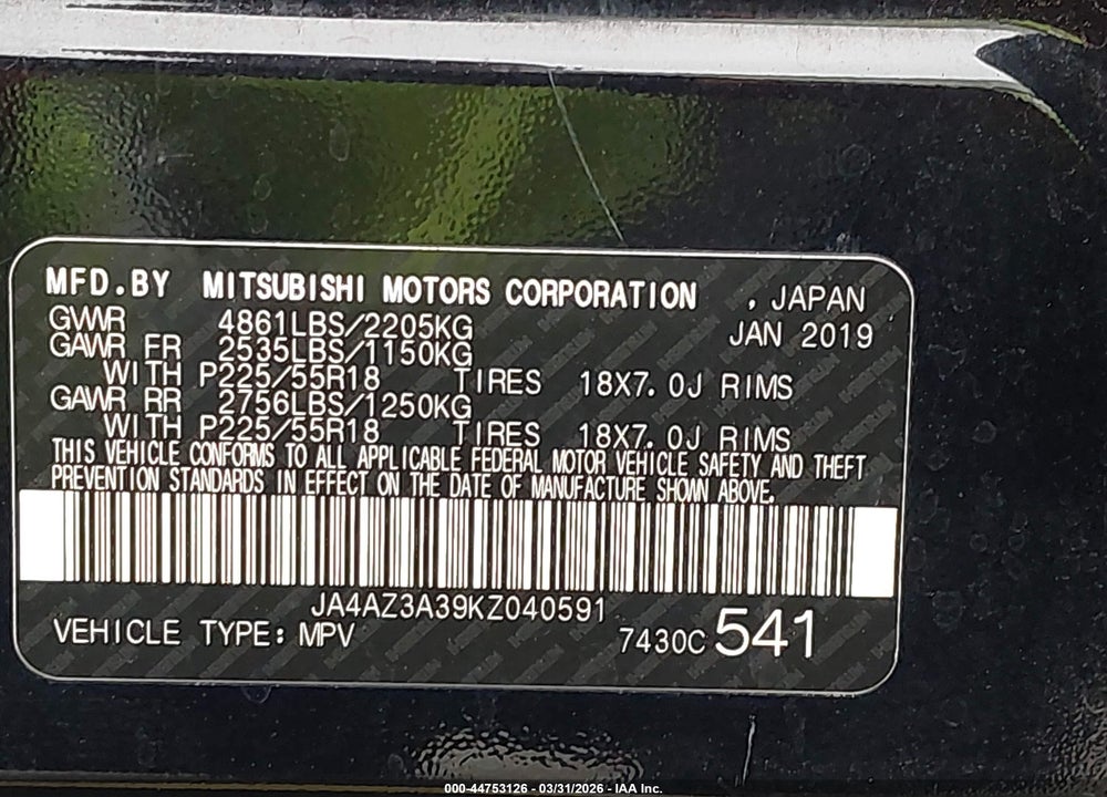 2019 MITSUBISHI OUTLANDER SEL VIN: JA4AZ3A39KZ040591