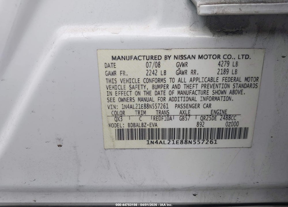 2008 NISSAN ALTIMA 2.5 S VIN: 1N4AL21E88N557261