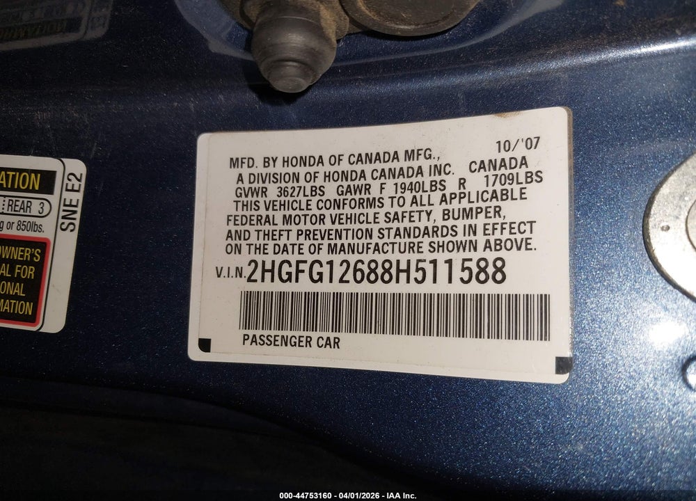 2008 HONDA CIVIC LX VIN: 2HGFG12688H511588