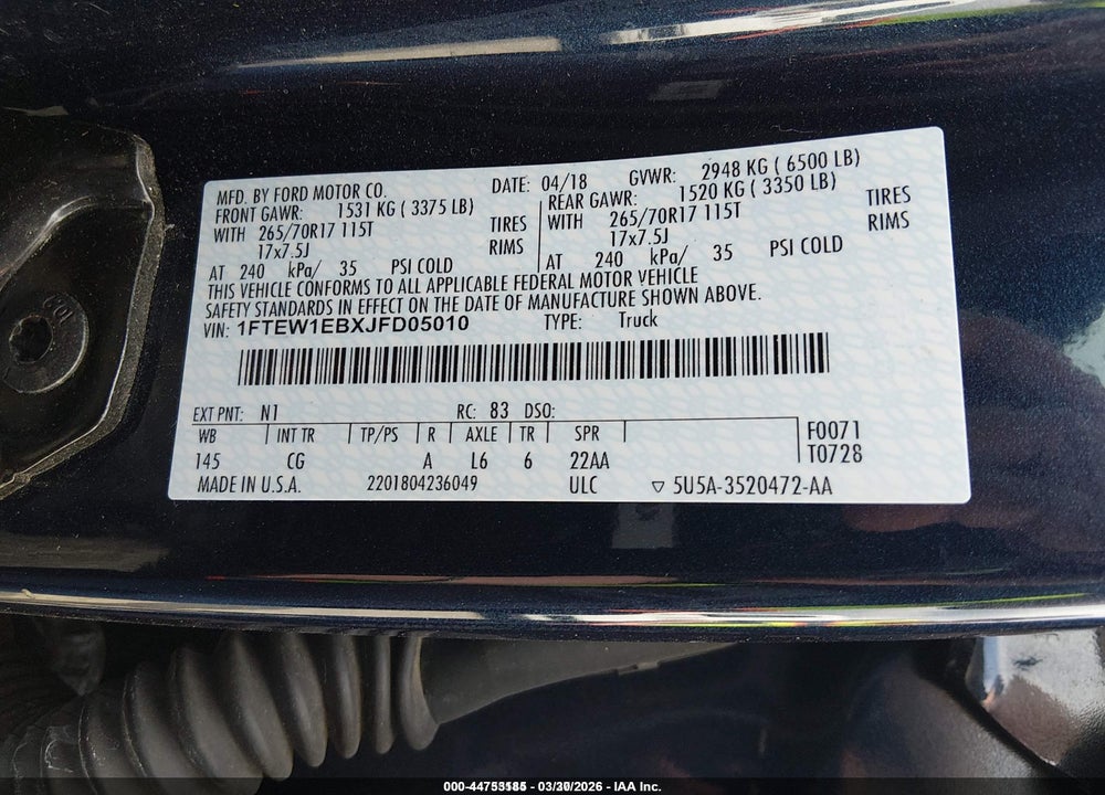 2018 FORD F-150 XL VIN: 1FTEW1EBXJFD05010