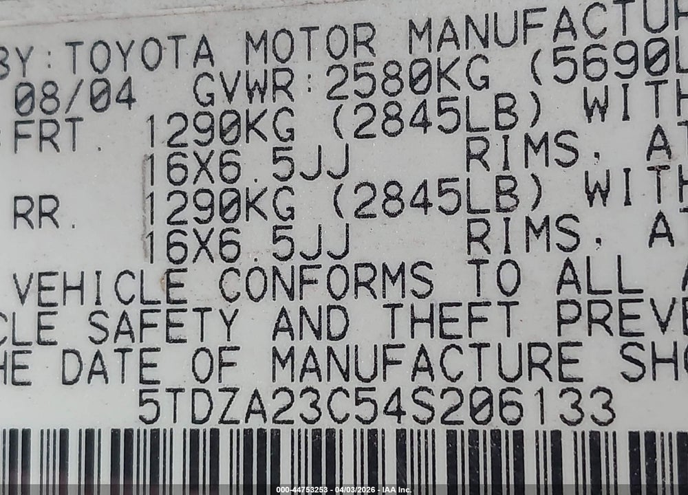 2004 TOYOTA SIENNA CE VIN: 5TDZA23C54S206133