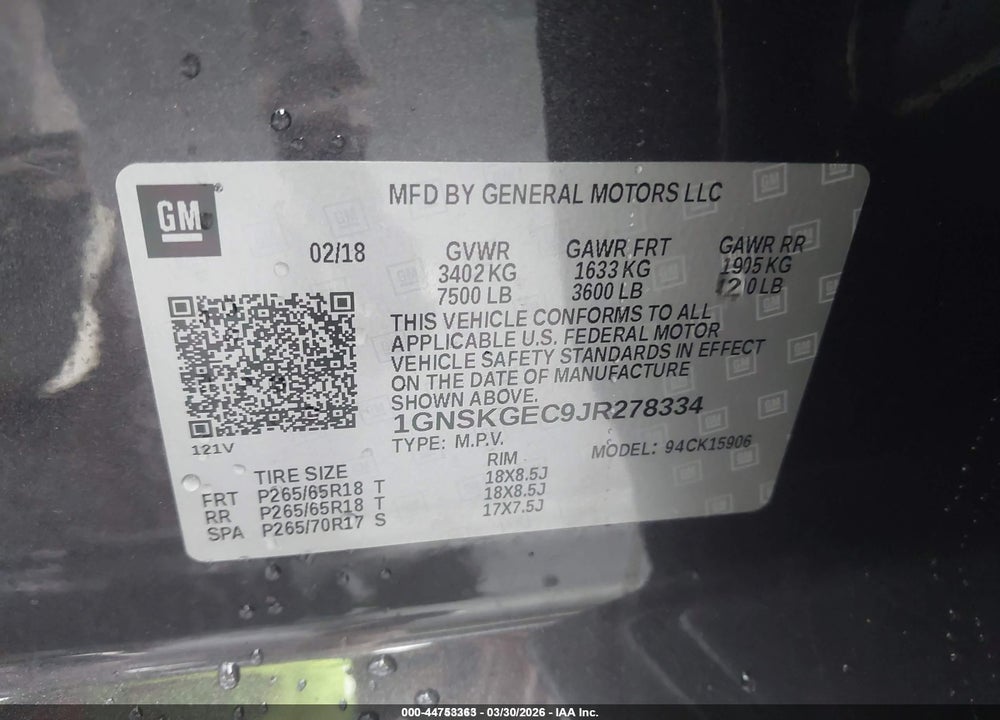 2018 CHEVROLET SUBURBAN LS VIN: 1GNSKGEC9JR278334