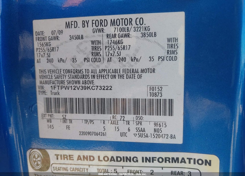 2009 FORD F-150 KING RANCH/LARIAT/PLATINUM/XL/XLT VIN: 1FTPW12V39KC73222