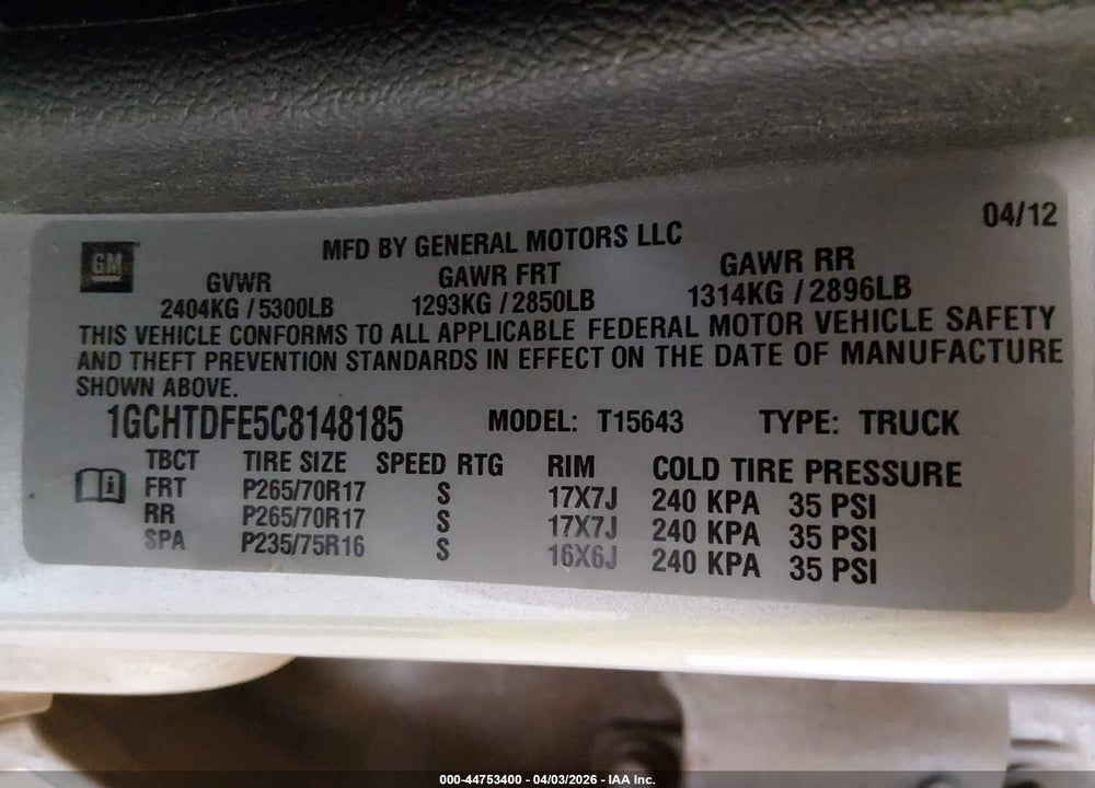 2012 CHEVROLET COLORADO 2LT VIN: 1GCHTDFE5C8148185