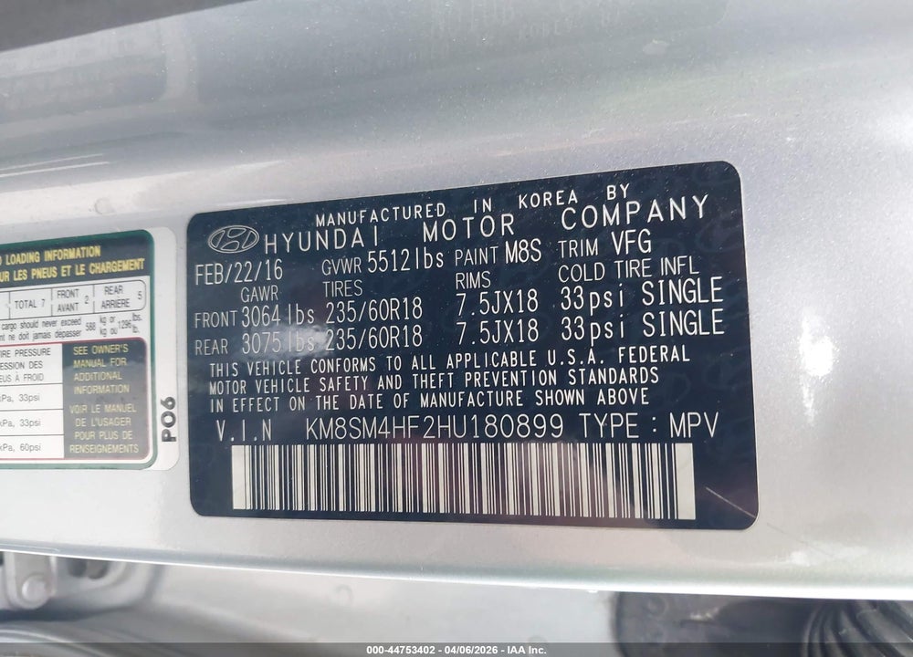 2017 HYUNDAI SANTA FE SE VIN: KM8SM4HF2HU180899