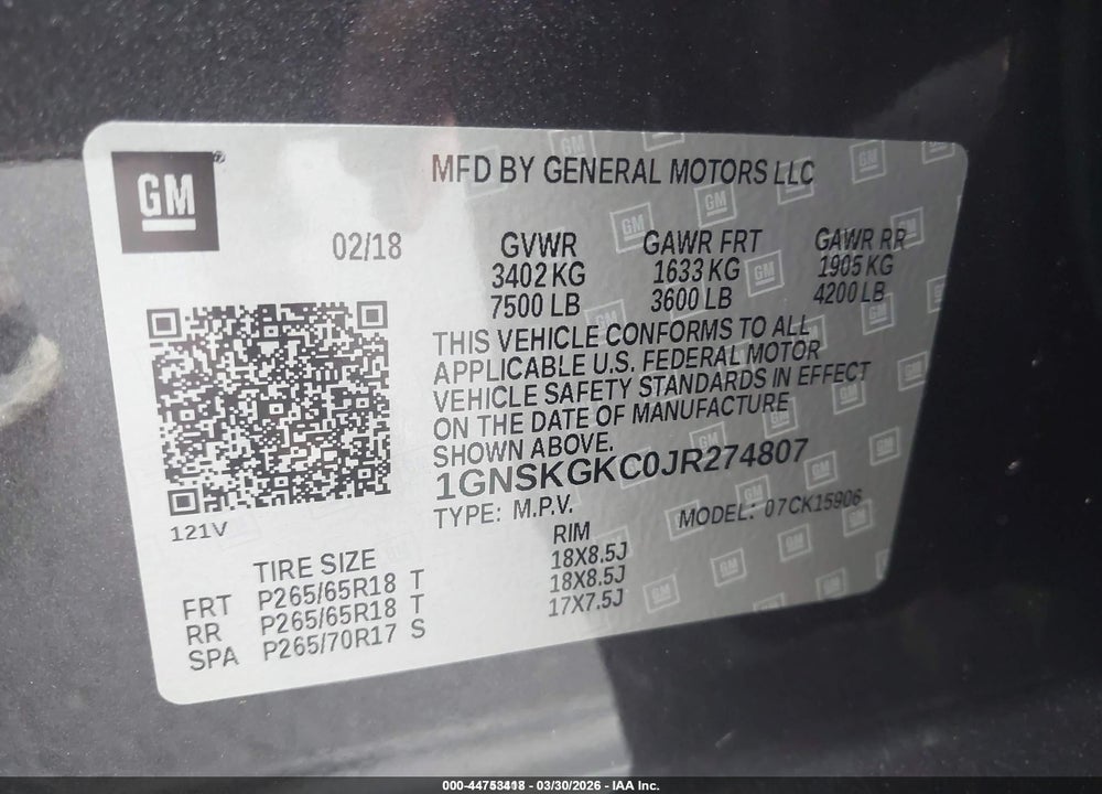 2018 CHEVROLET SUBURBAN LS VIN: 1GNSKGKC0JR274807