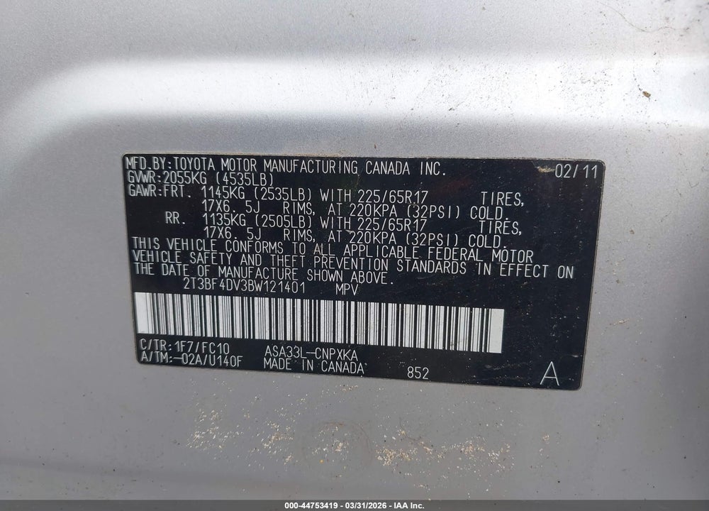 2011 TOYOTA RAV4 VIN: 2T3BF4DV3BW121401