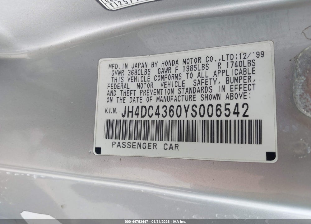 2000 ACURA INTEGRA GS VIN: JH4DC4360YS006542