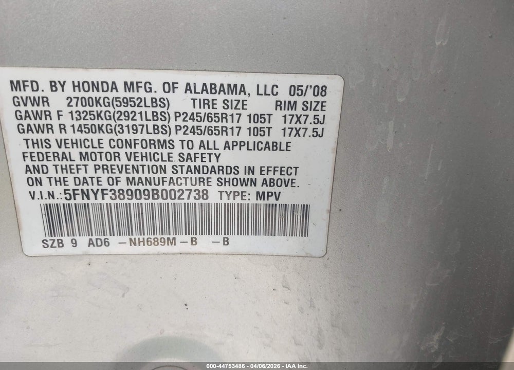 2009 HONDA PILOT TOURING VIN: 5FNYF38909B002738