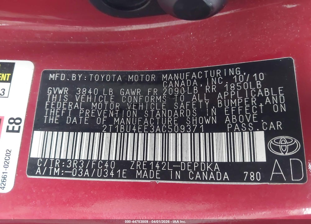 2010 TOYOTA COROLLA LE VIN: 2T1BU4EE3AC509371