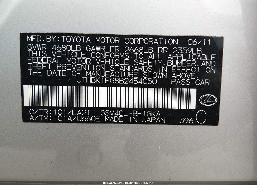 2011 LEXUS ES 350 VIN: JTHBK1EG8B2454050