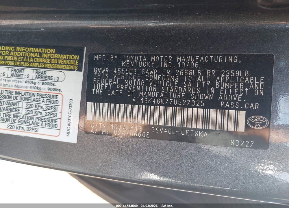 2007 TOYOTA CAMRY SE V6 VIN: 4T1BK46K77U527325