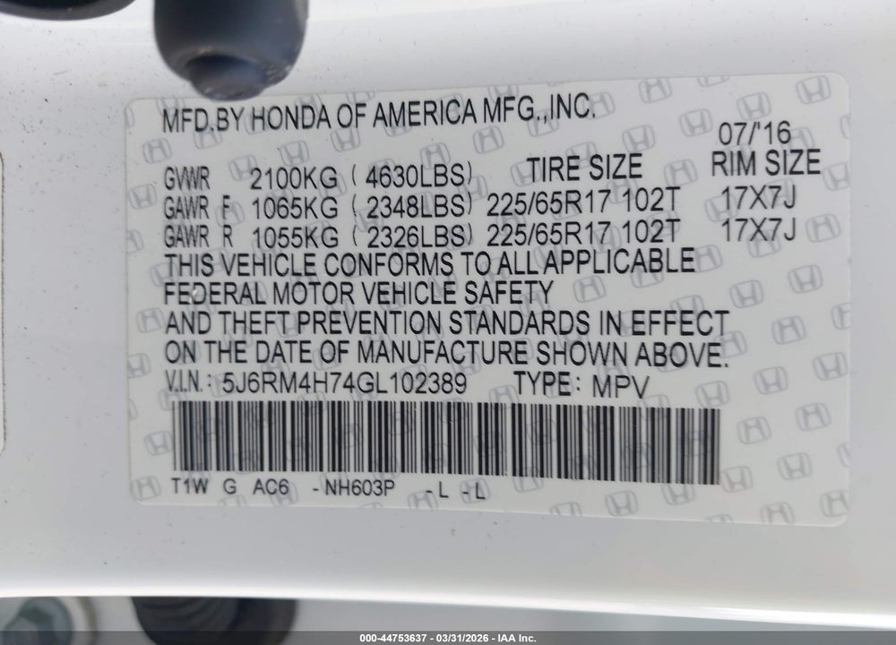 2016 HONDA CR-V EX-L VIN: 5J6RM4H74GL102389
