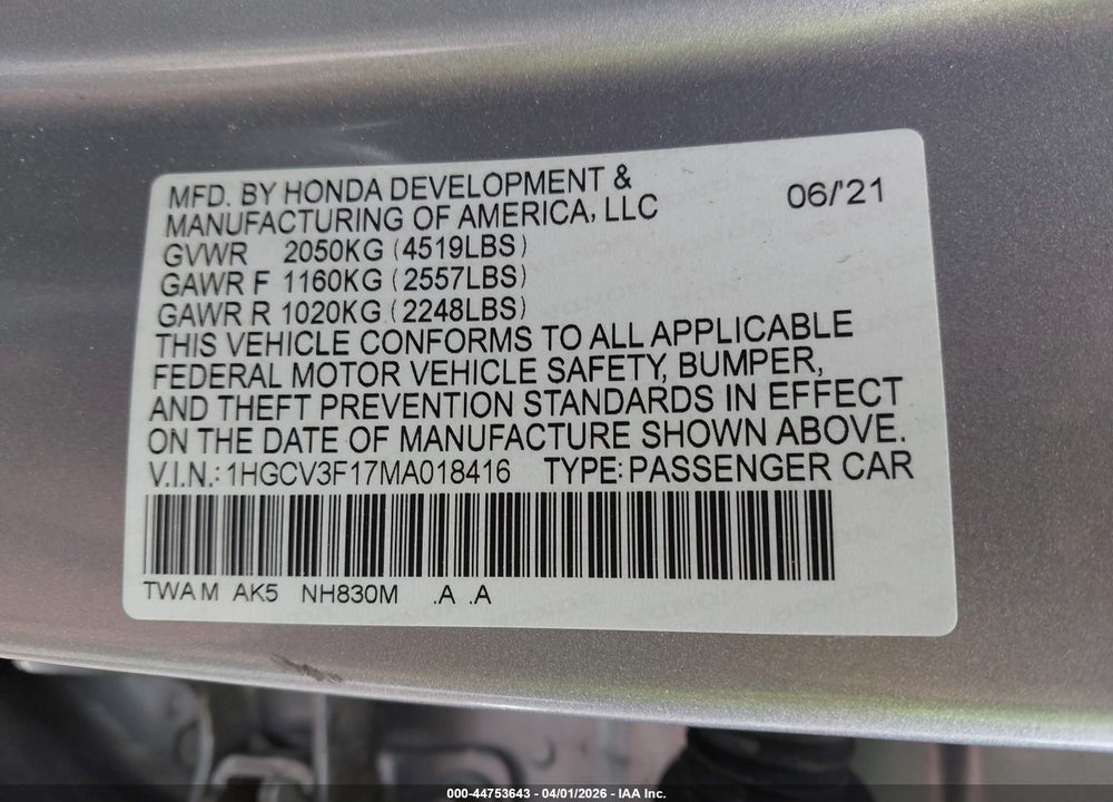 2021 HONDA ACCORD HYBRID VIN: 1HGCV3F17MA018416