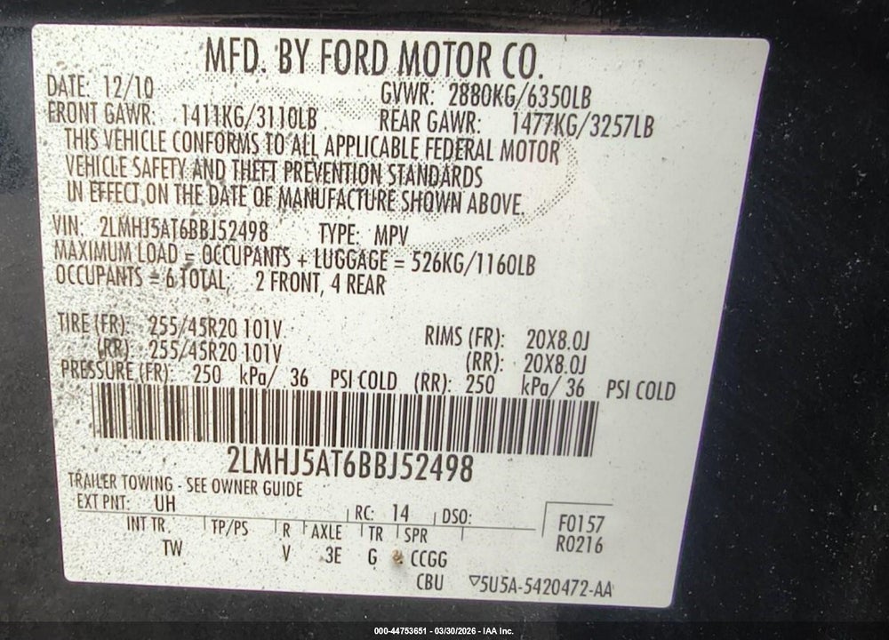 2011 LINCOLN MKT ECOBOOST VIN: 2LMHJ5AT6BBJ52498