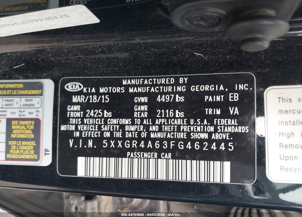 2015 KIA OPTIMA SX TURBO VIN: 5XXGR4A63FG462445