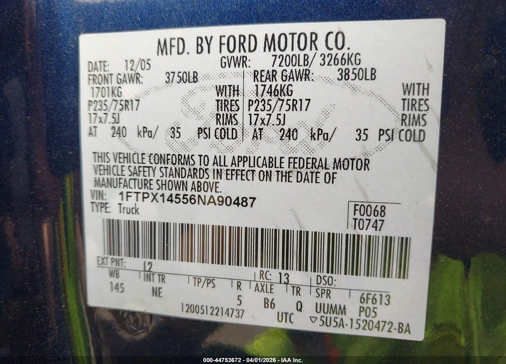 2006 FORD F-150 FX4/LARIAT/XL/XLT VIN: 1FTPX14556NA90487