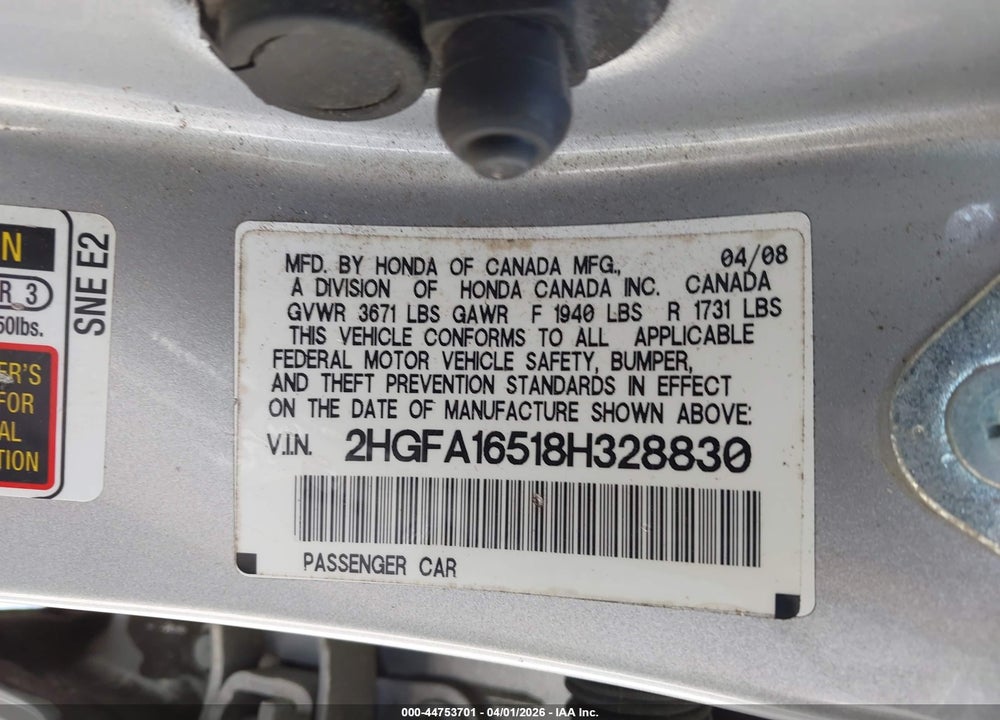 2008 HONDA CIVIC LX VIN: 2HGFA16518H328830