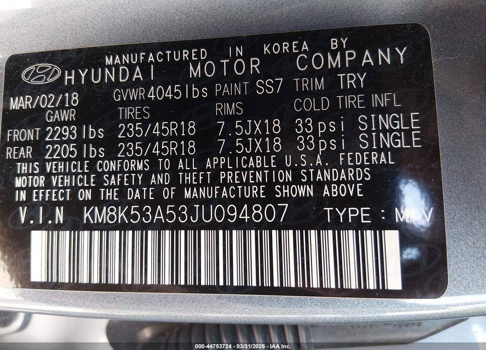 2018 HYUNDAI KONA ULTIMATE VIN: KM8K53A53JU094807