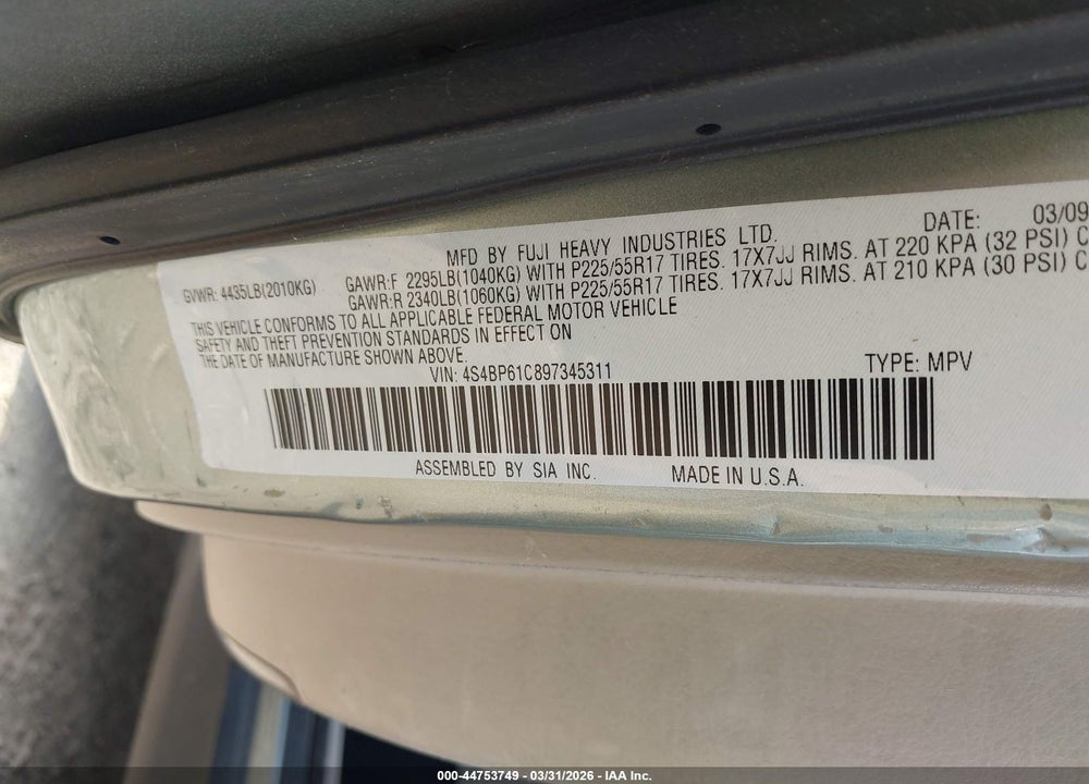 2009 SUBARU OUTBACK 2.5I VIN: 4S4BP61C897345311