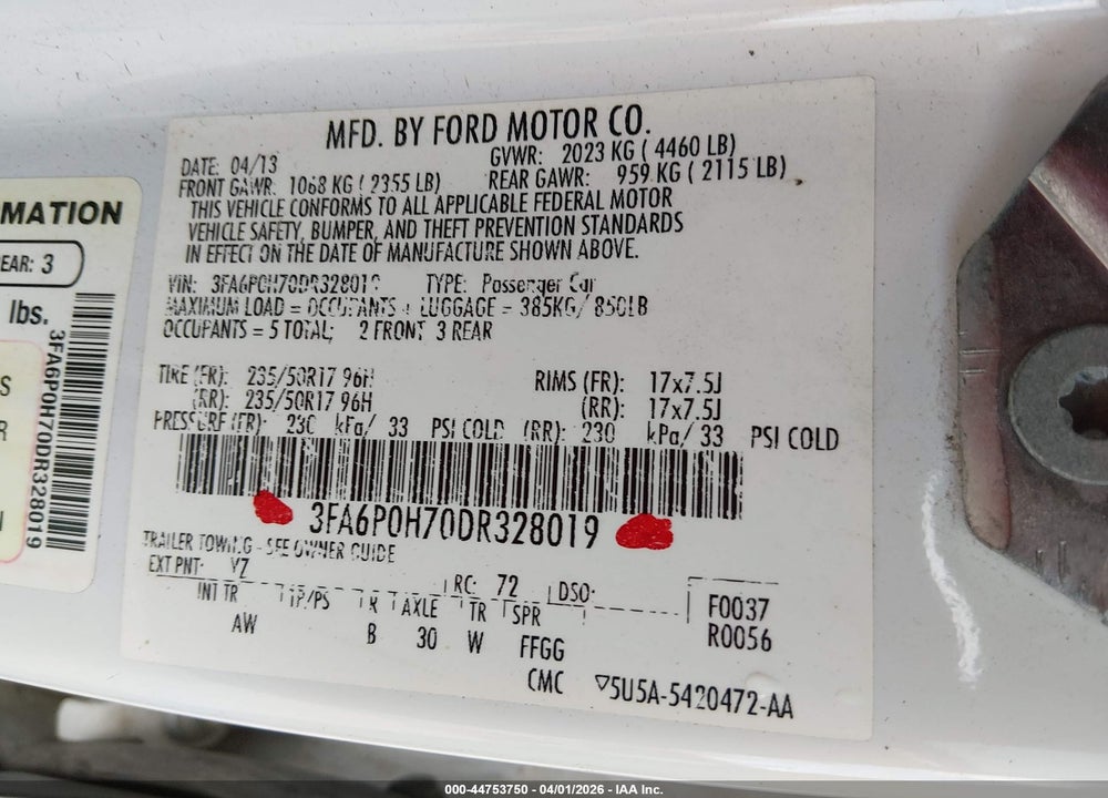 2013 FORD FUSION SE VIN: 3FA6P0H70DR328019
