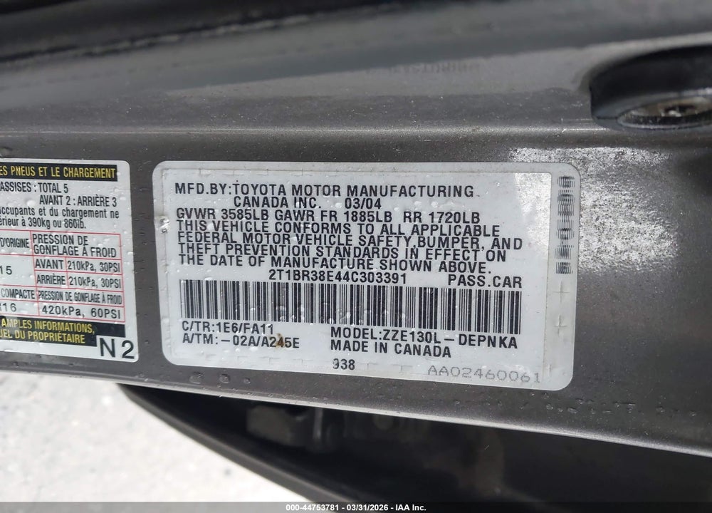 2004 TOYOTA COROLLA LE VIN: 2T1BR38E44C303391