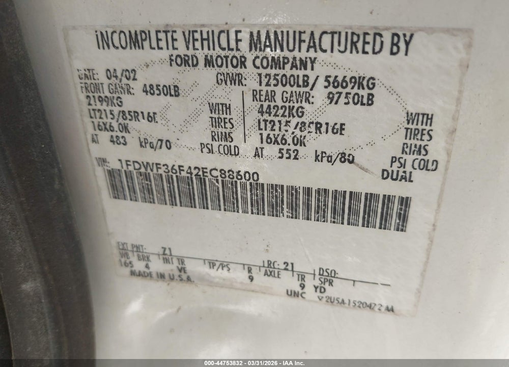 2002 FORD F-350 XL/XLT VIN: 1FDWF36F42EC88600
