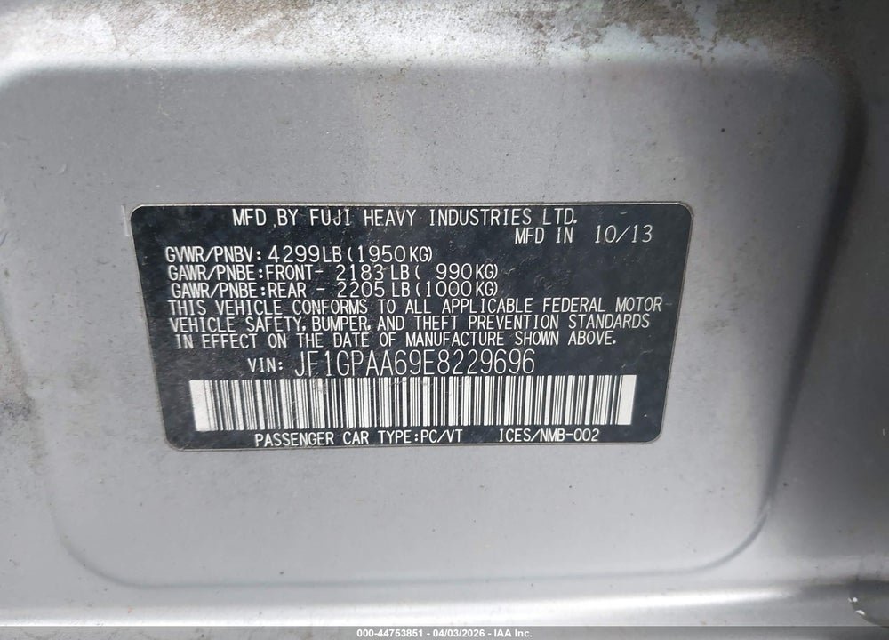 2014 SUBARU IMPREZA 2.0I VIN: JF1GPAA69E8229696